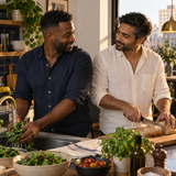 Adult partners prepare dinner together; illustrative everyday connection