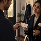 One adult offers a thank-you note; illustrative appreciation moment