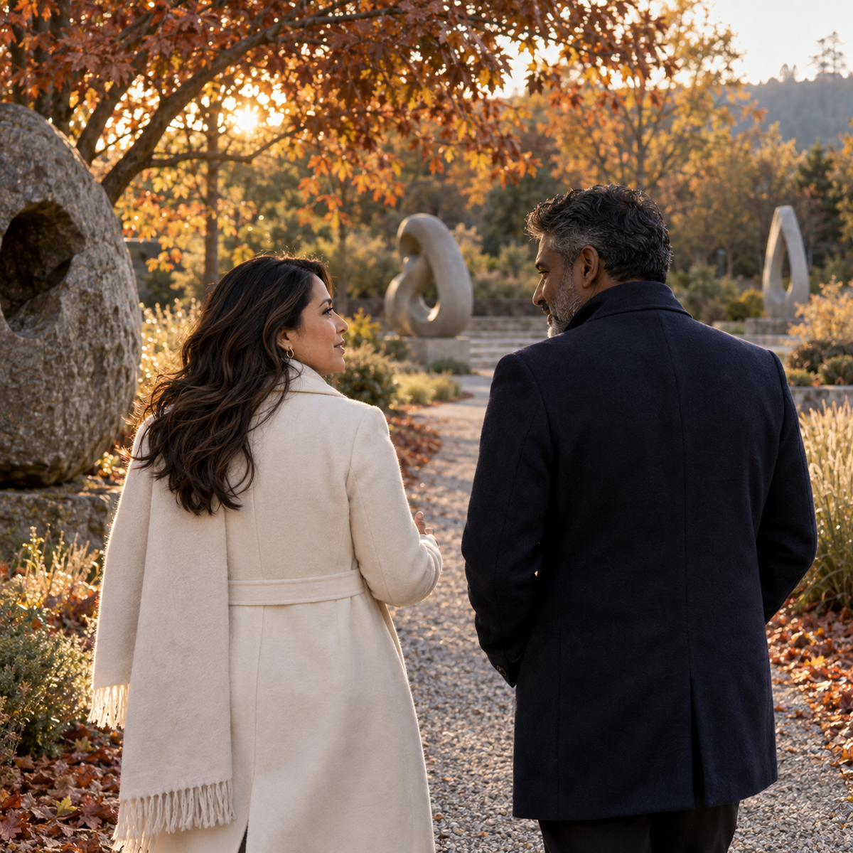 Adult partners walk and talk in a sculpture garden; illustrative open conversation