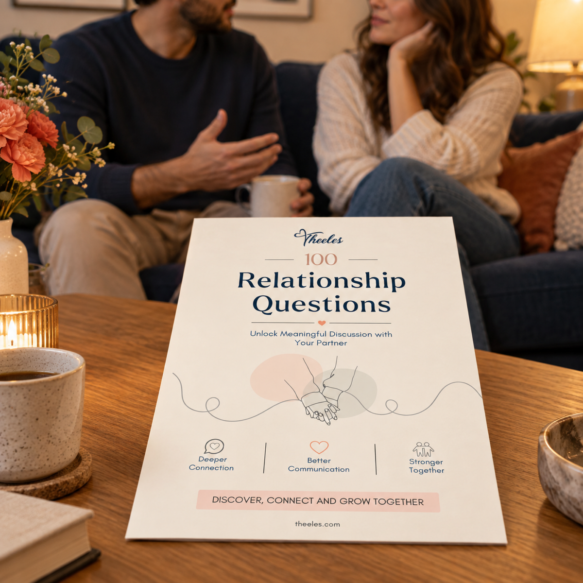Theeles 100 Relationship Questions PDF cover on a coffee table while an adult couple talks