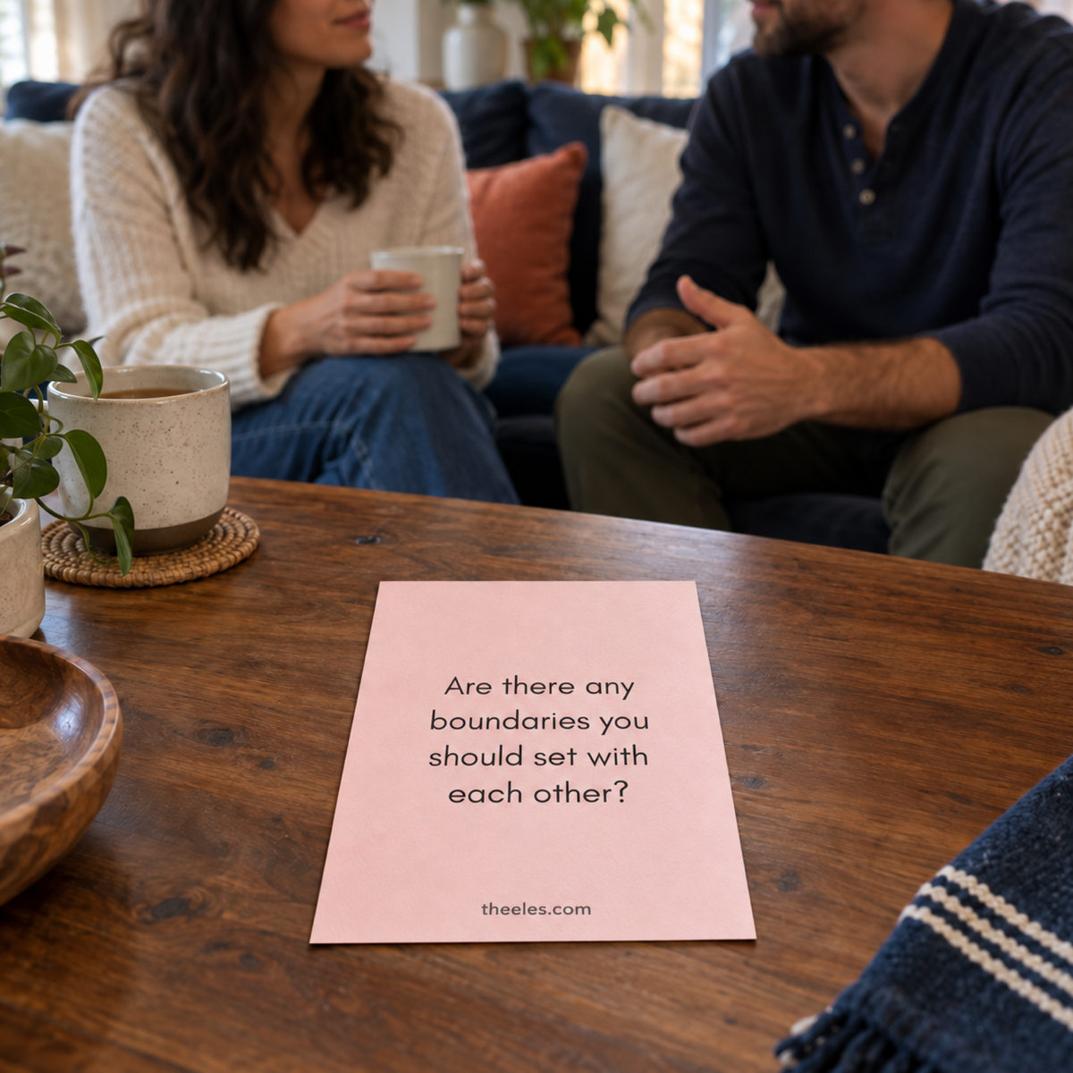 Actual printable card asking about setting boundaries with each other, shown in a voluntary conversation scene