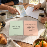 Actual future-planning question cards beside a map and calendar on a shared table