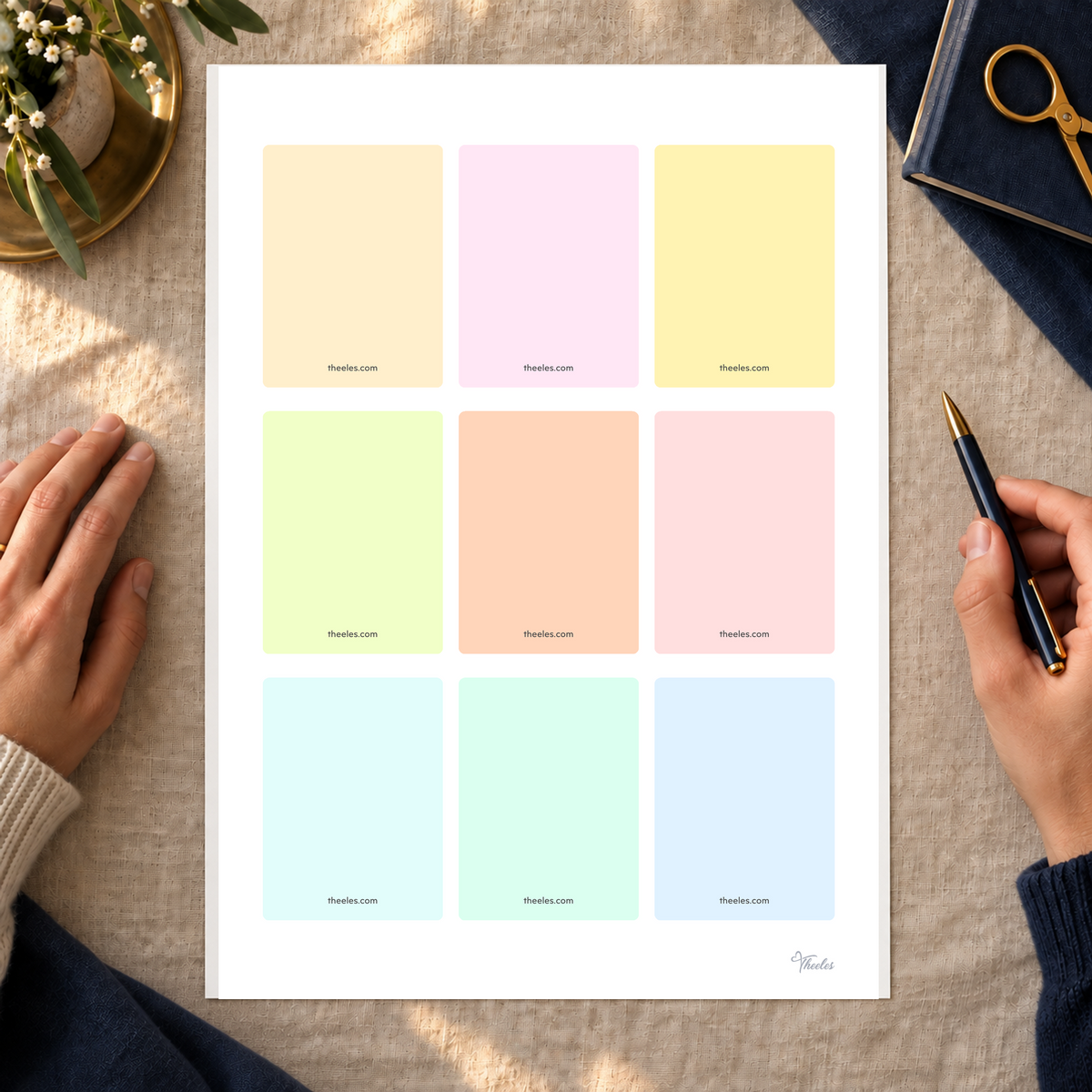 Actual A4 PDF page with nine blank print-and-trim conversation cards, shown at realistic sheet scale on a shared table.