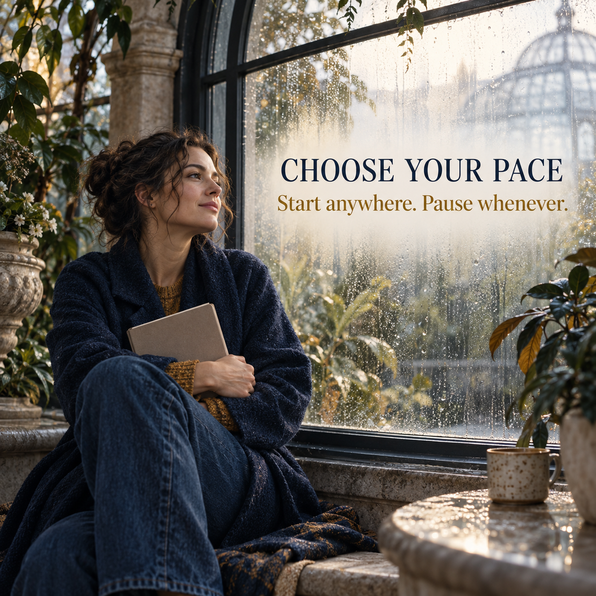 Illustration of an adult pausing with a notebook in a conservatory, representing self-paced reflection