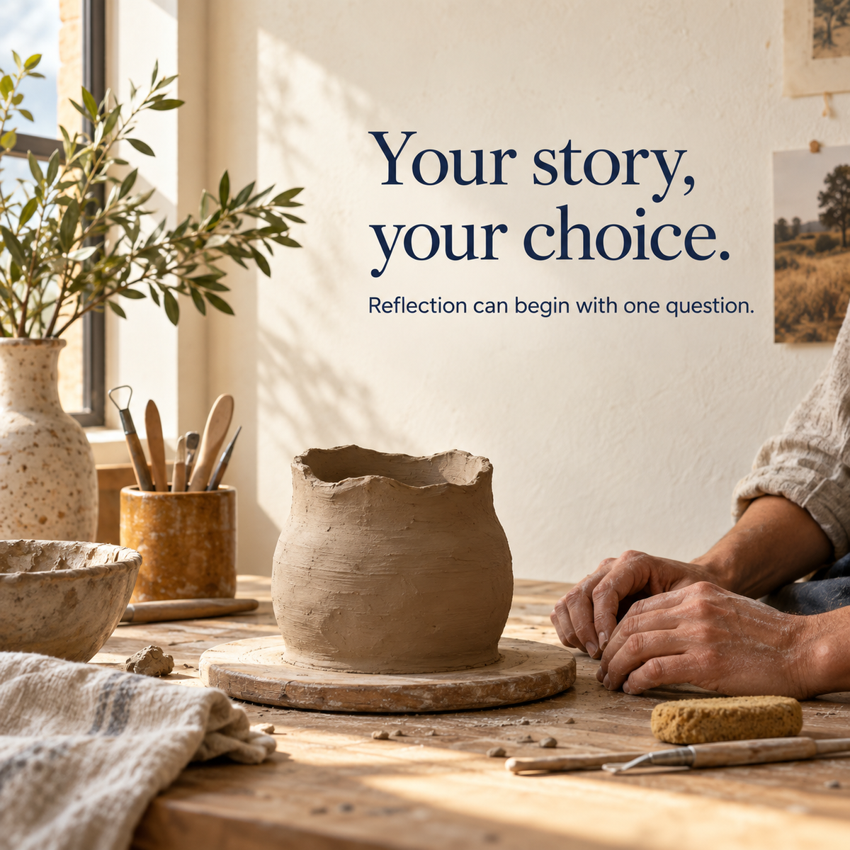 Illustration of an unfinished pottery vessel, representing choice in personal reflection