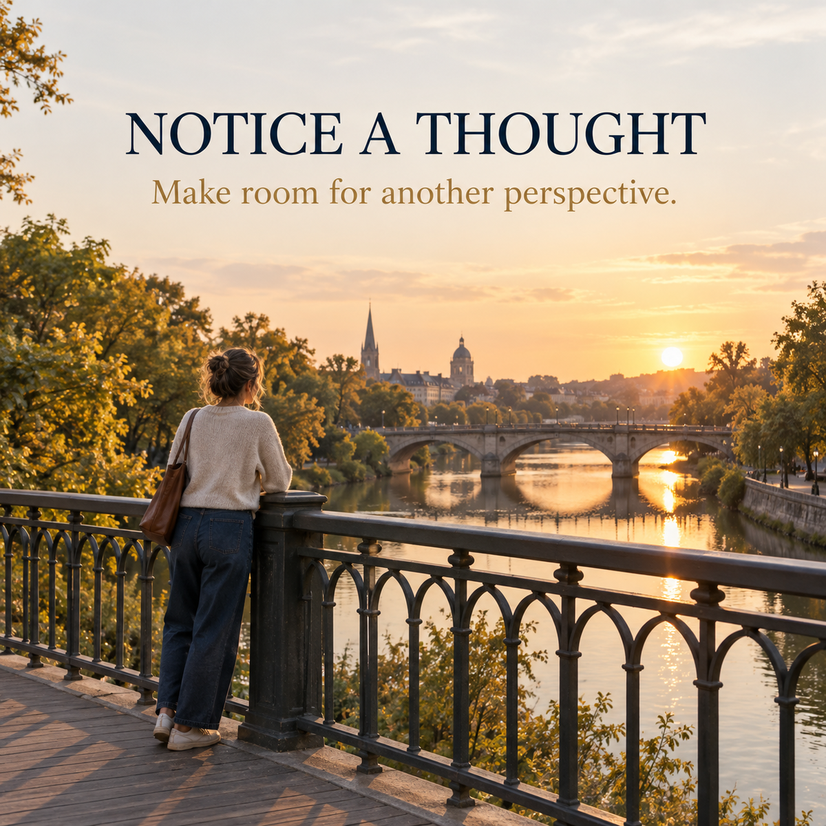 Illustration of an adult at a bridge, representing noticing a thought and considering another perspective