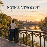 Illustration of an adult at a bridge, representing noticing a thought and considering another perspective
