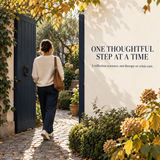 Illustration of an adult entering a garden, representing one thoughtful step at a time
